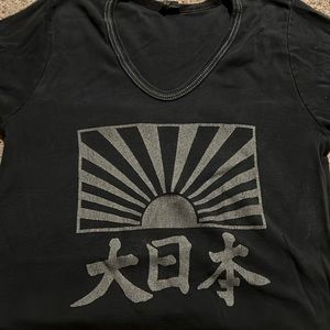 Super cute Asian inspired washed out black V-neck women’s T-shirt